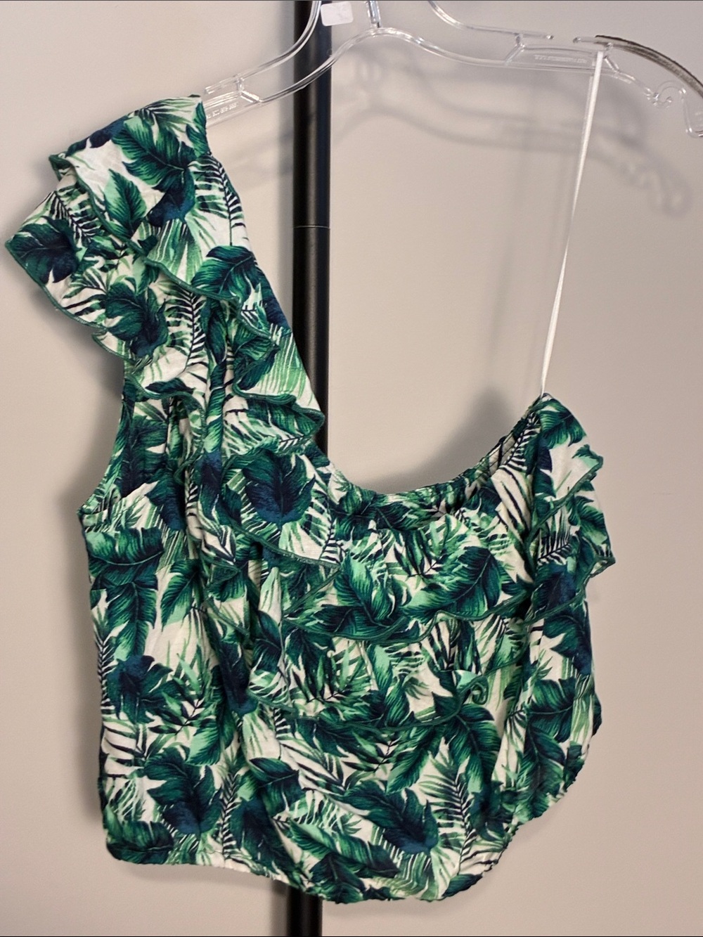 miami Green & White Tropical Leaf One-Shoulder Crop Top
